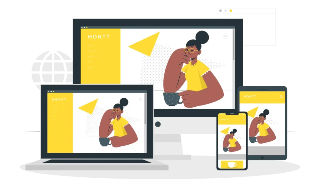A vector image of a computer, tablet, and phone displaying a woman, representing digital marketing strategist in Malappuram.