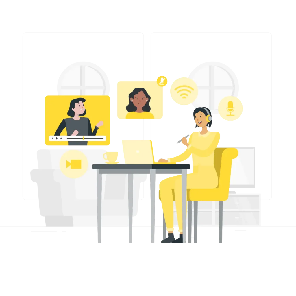 Vector image of a woman sitting at a table with a laptop and phone, illustrating freelance digital marketing training in Kerala.
