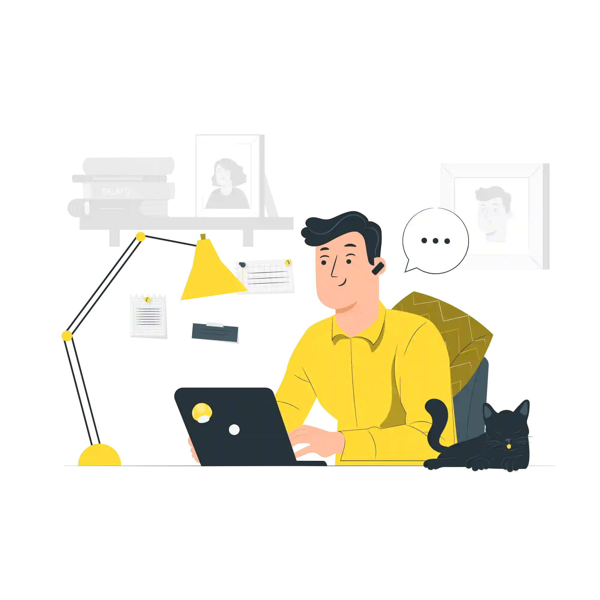 Vector image of a man working at a desk with a laptop and a cat, symbolizing freelance digital marketing training in Kerala.