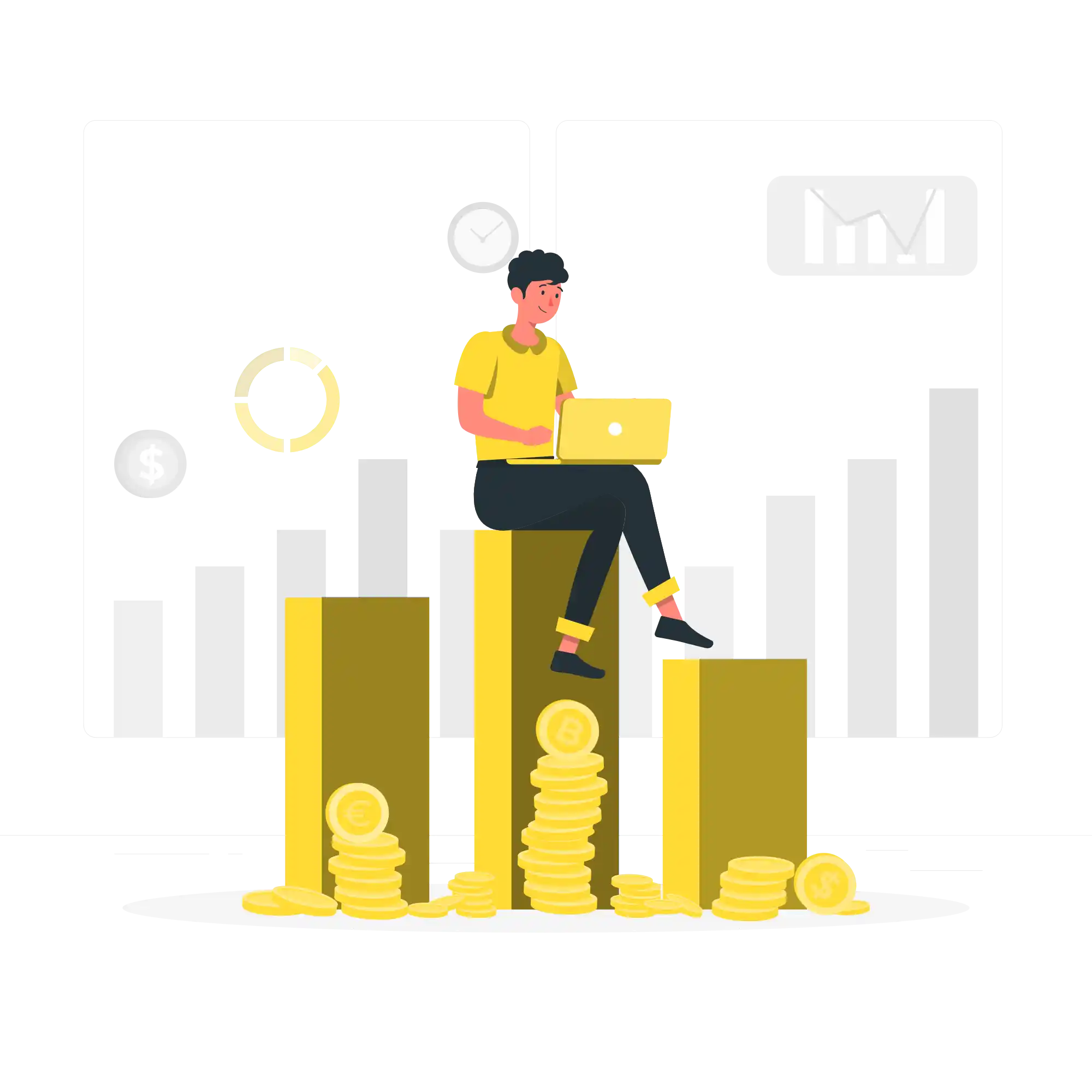 Vector image of a man sitting on coin stacks with a laptop, representing freelance digital marketing training in Kerala.