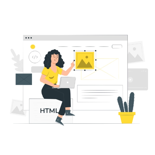 Vector image of a woman using a laptop, engaged with a website, symbolising a freelance web developer in Malappuram.