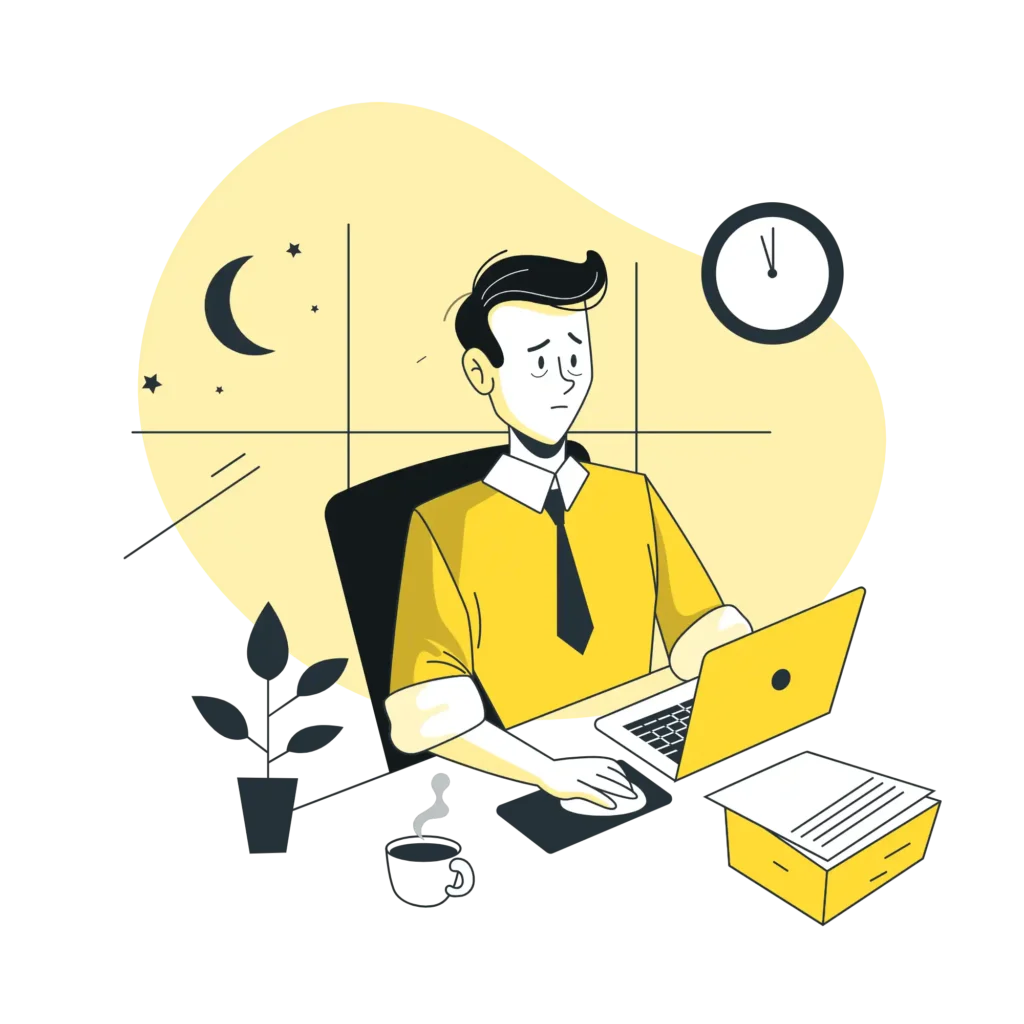 Vector image of a man in a yellow shirt focused on his laptop, illustrating a freelance web developer and seo in Malappuram.