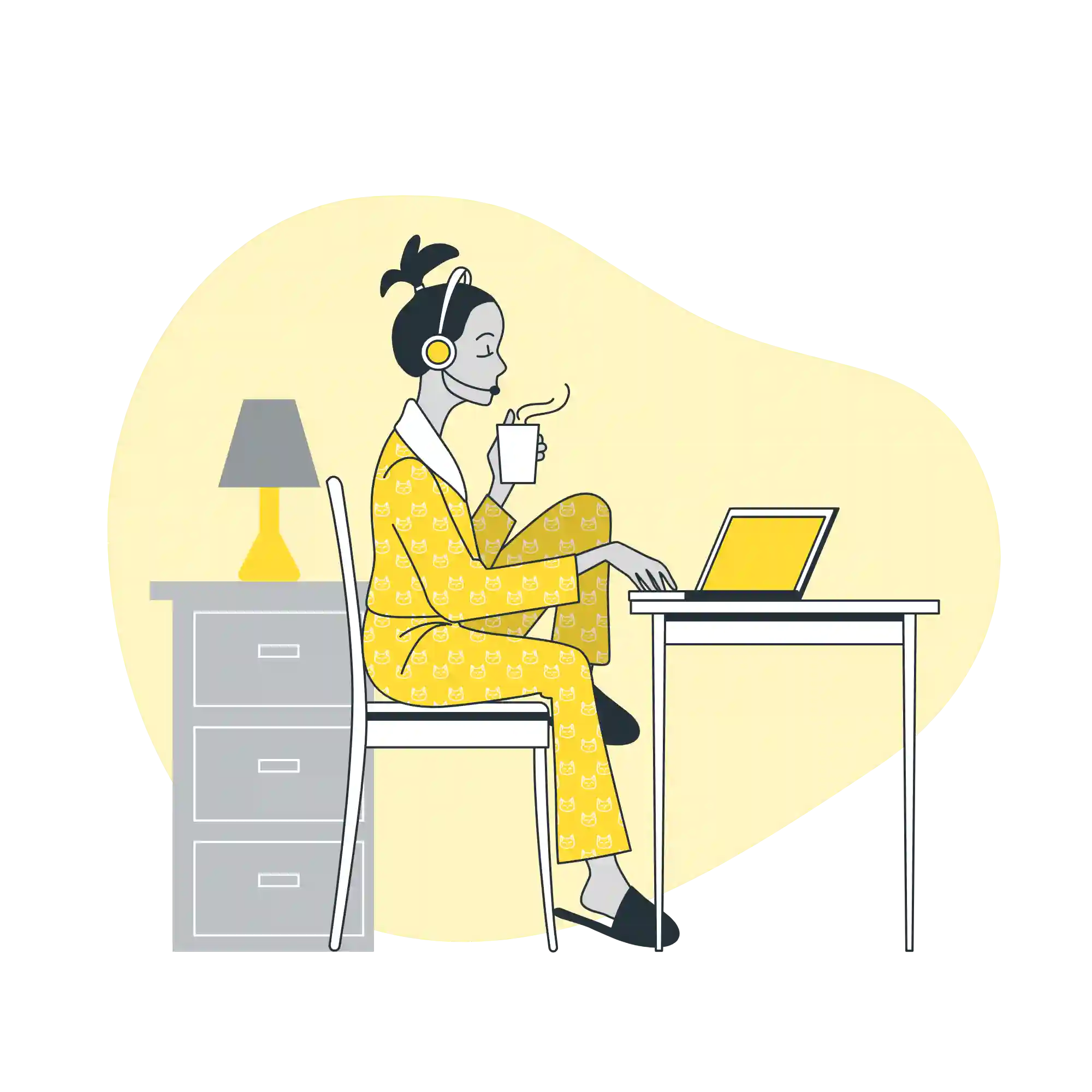 Vector image of a woman in pyjamas working at a desk with a laptop, illustrating freelance digital marketing training in Kerala.